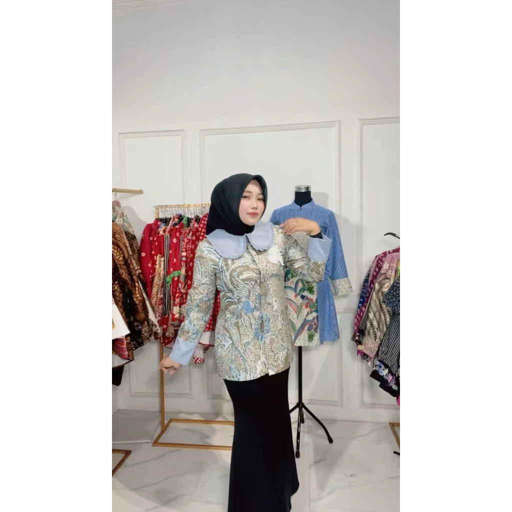 baju batik wanita warna biru abu kancing depan