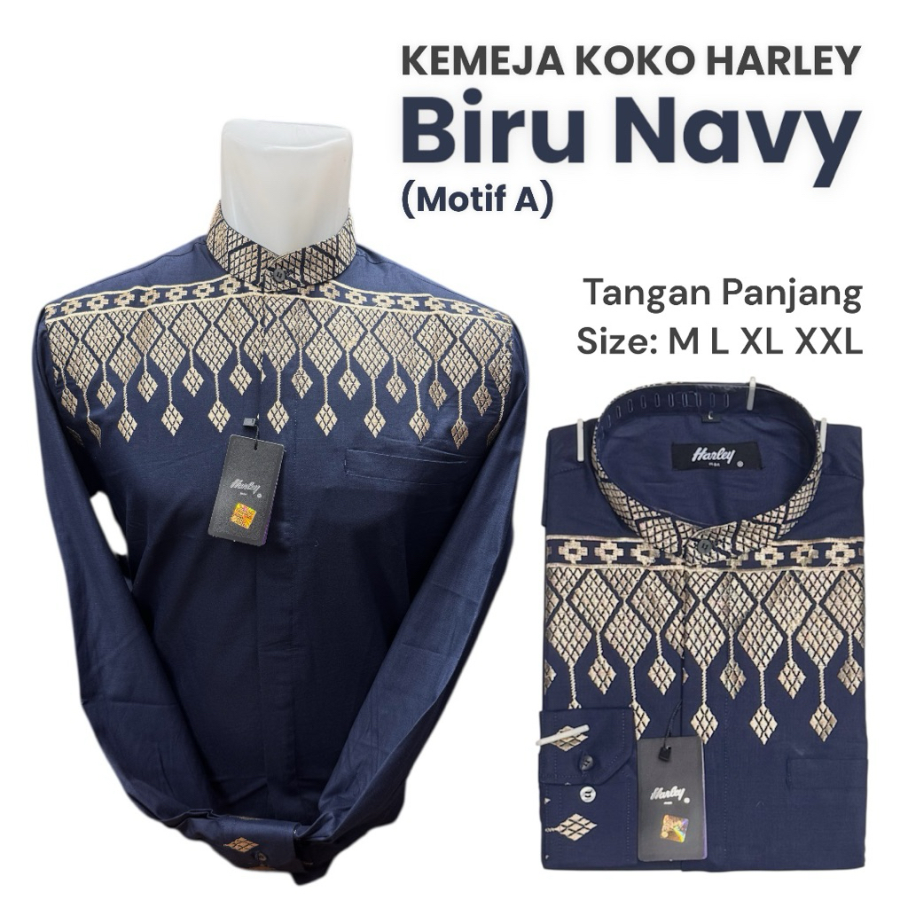 Kemko Harley/ Kemeja Koko Harley lengan panjang warna biru navy atau biru dongker