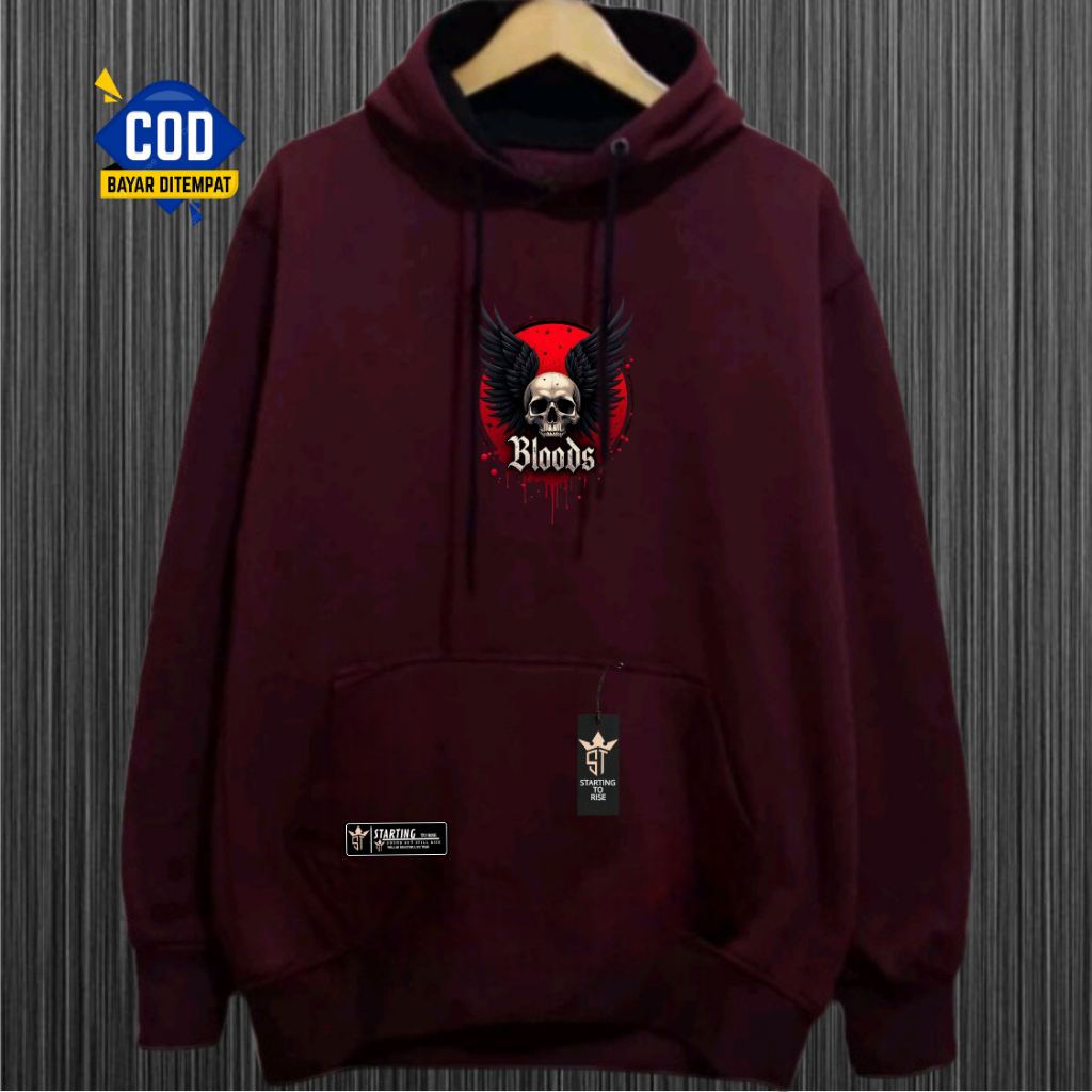 Hoodie Sweater Pria Distro Terbaru Sablon Tengkorak Bloods Premium Hodie Switer Aesthetic Bahan Katu