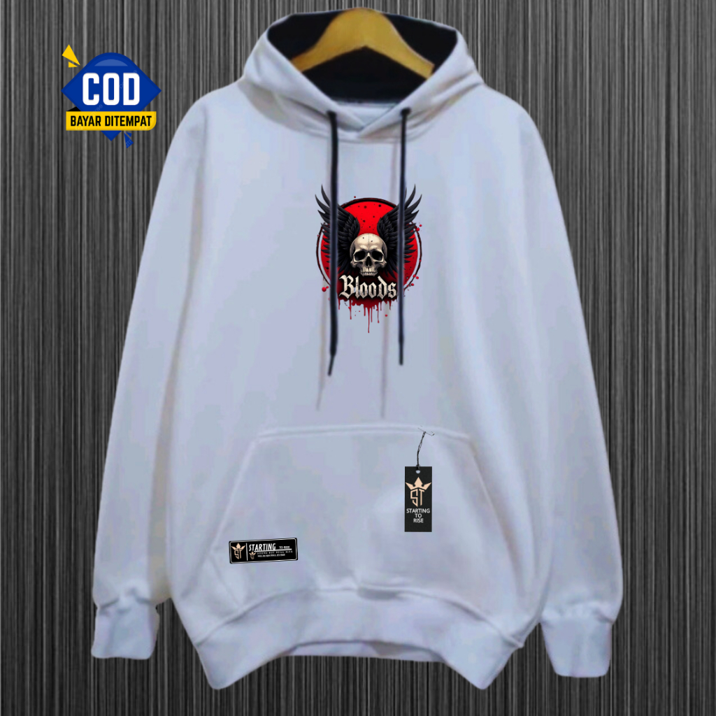 Hoodie Sweater Pria Distro Terbaru Sablon Tengkorak Bloods Premium Hodie Switer Aesthetic Bahan Katu