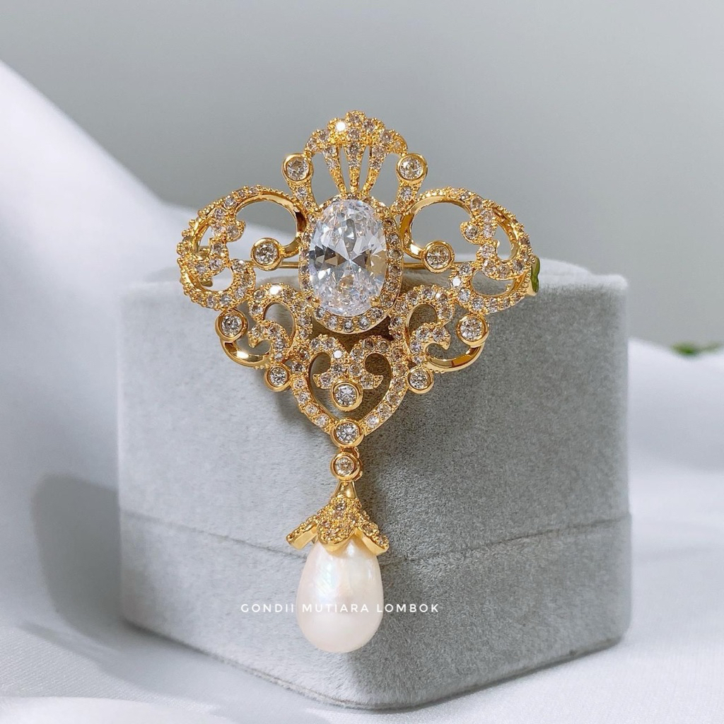 Bros Rhodium Lapisan Emas Anti Karat dengan Mutiara Air Tawar Putih Asli – Elegan & Tahan Lama