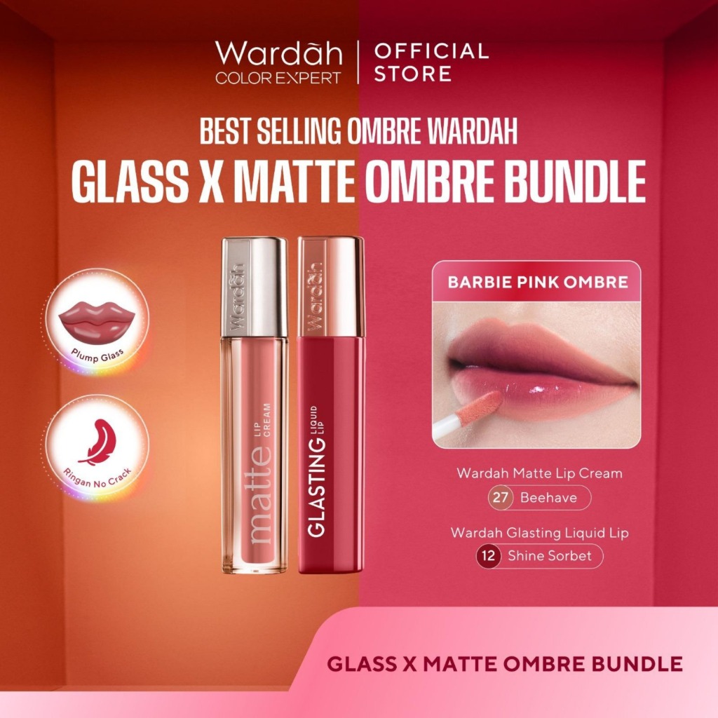 [BEST SELLING OMBRE] WARDAH Paket Ombre Glasting Liquid Lip x Matte Lip Cream -Liptint Lip Stain Lip