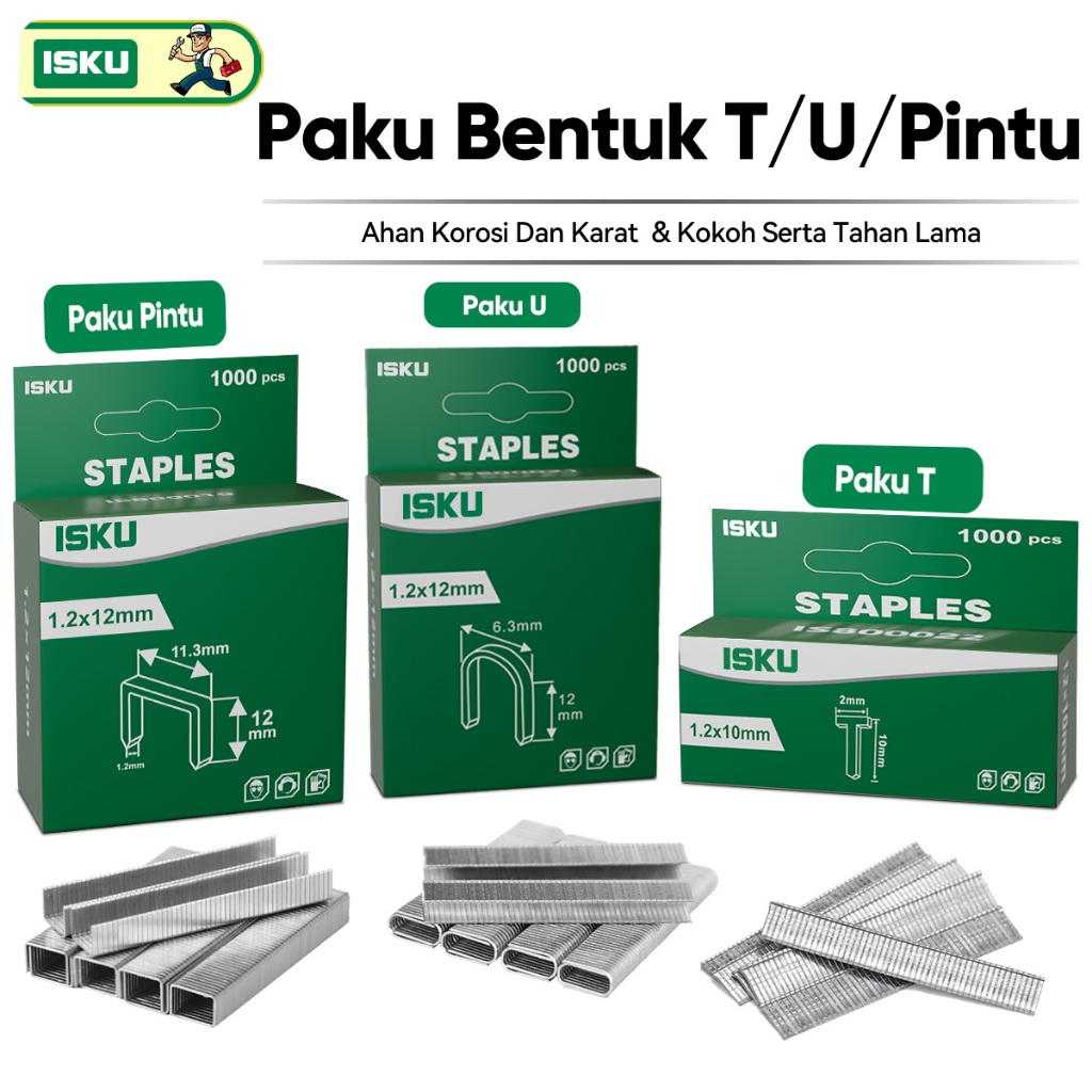 

ISKU Staple 3 Jenis Paku Staple Refill/Stapler Staple Gun Nail Refill Isi Ulang Paku Tembak 1000pcs