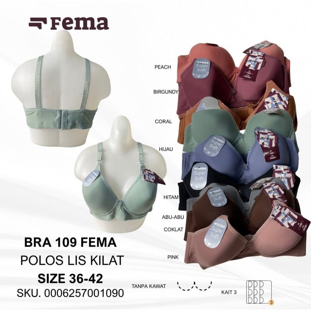 Bra FEMA 109 / 229 / 7331 BH Polos Warna Cup B Pengait 3 (ECER 1 Pcs)