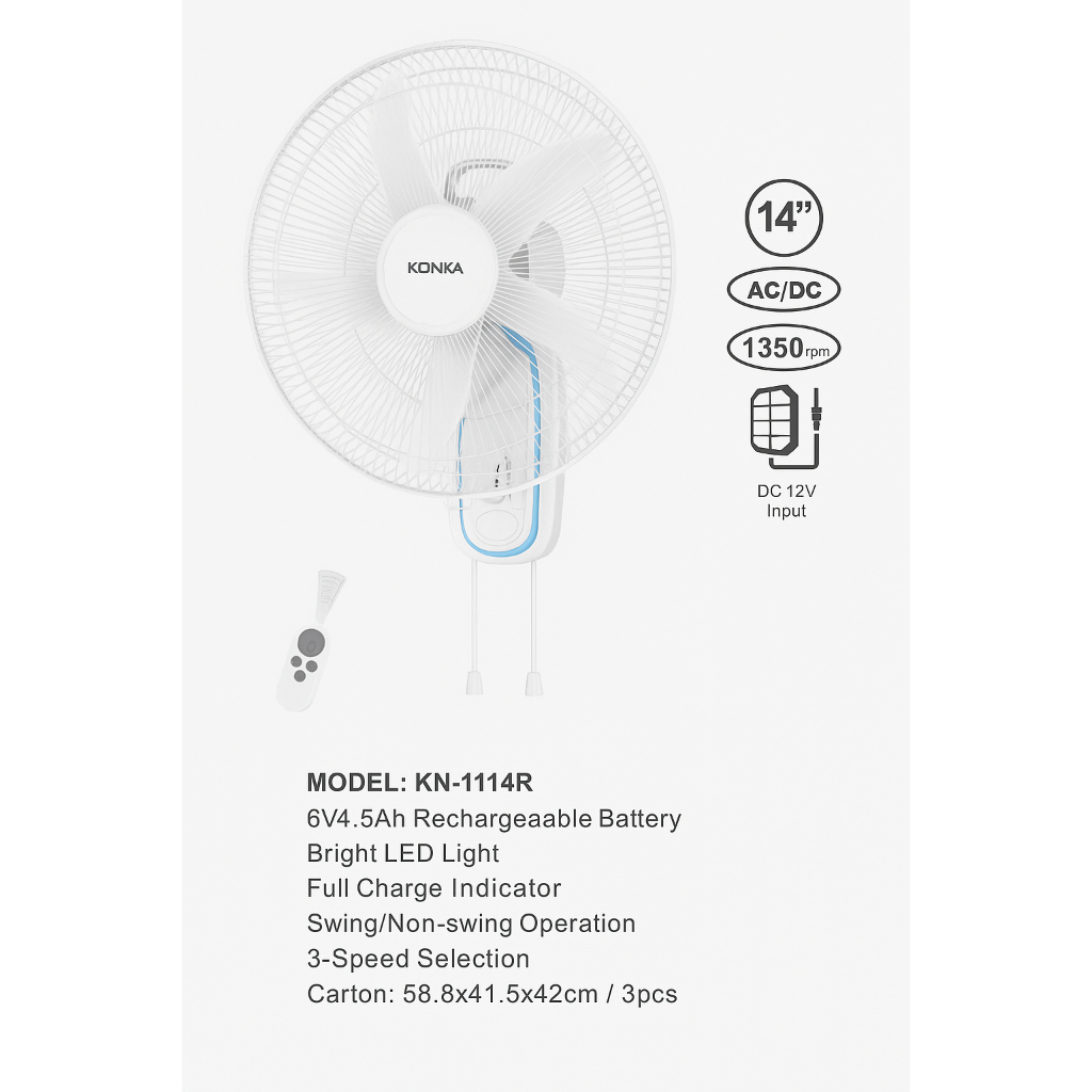 Kipas Angin Dinding Rechargeable KONKA 14 Inch KN-1114R Biru Putih Pengiriman Cepat Murah Meriah
