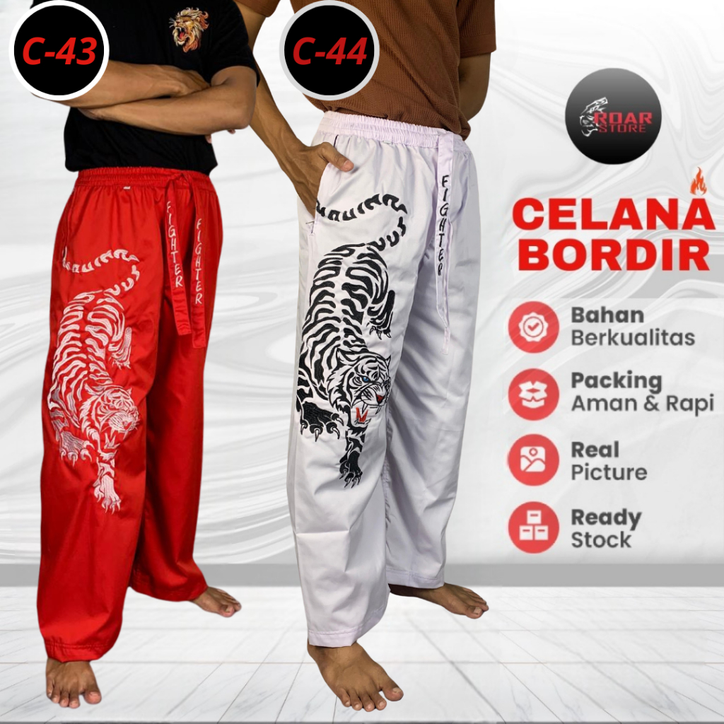Celana Pakaian Silat Bordir C-43 C-44 Motif Gambar Harimau Macan Komprang Kombor Panjang Bahan Tebal