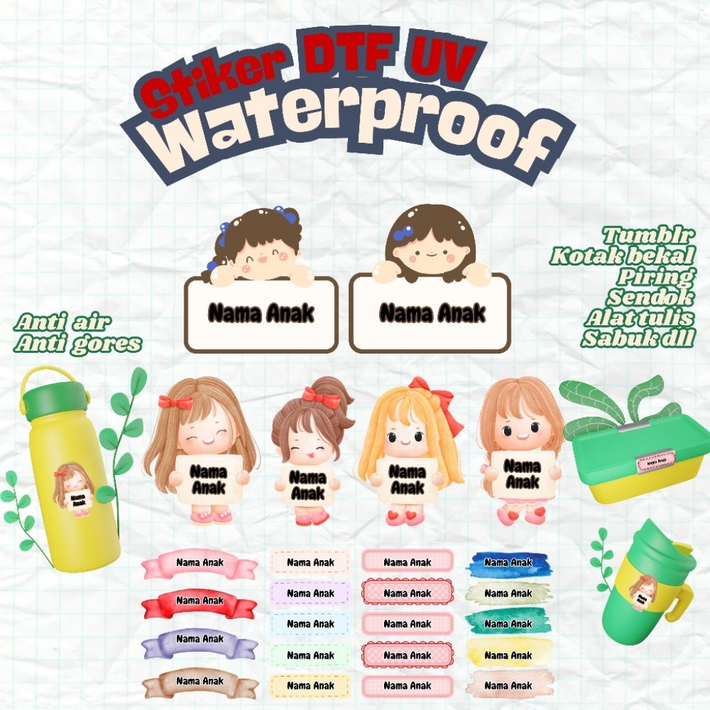 

Lenterna Paket DTF UV Stiker Label Nama Waterproof Anti Gores Untuk Botol Sendok Piring
