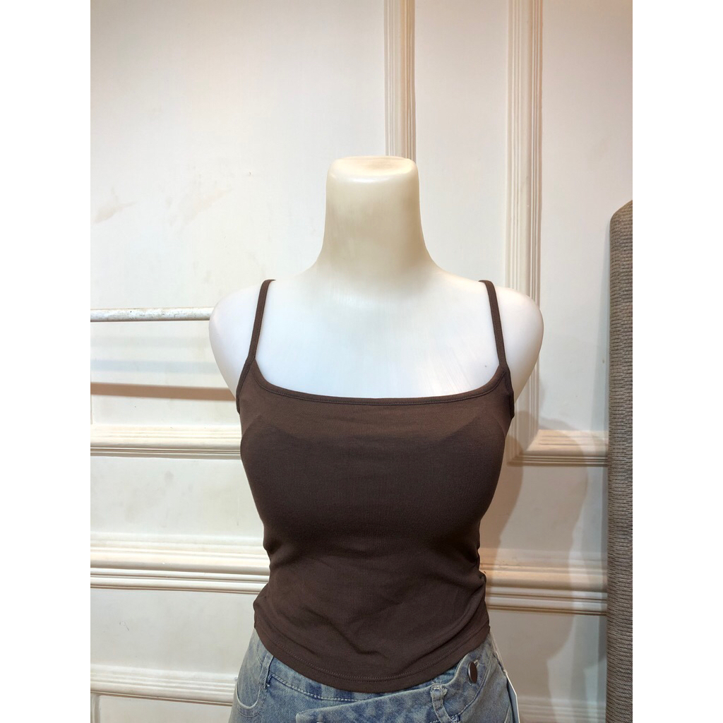 Tanktop Wanita Tali Kecil Elastis Tanpa Kawat With Bra Cup Choco
