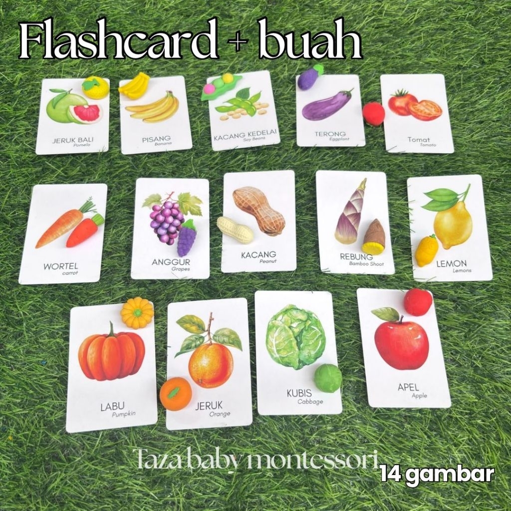 Mencocokkan buah dan sayur / Flash card buah / Miniatur buah dan sayur