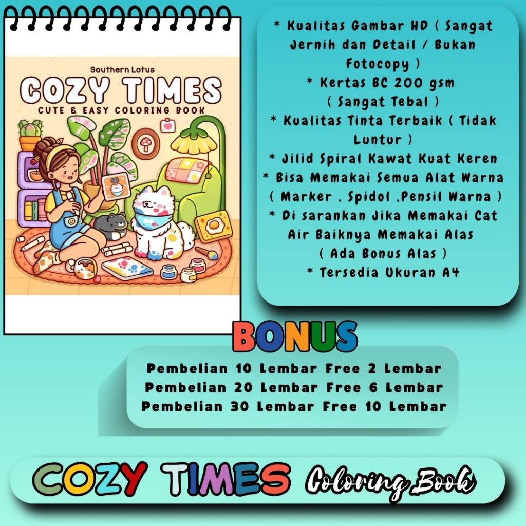 

Buku Mewarnai Tema COZY TIMES Coloring Book For Kids And Adult Sketsa Gambar HD Jernih Jelas Kertas 200 gsm Sangat Tebal
