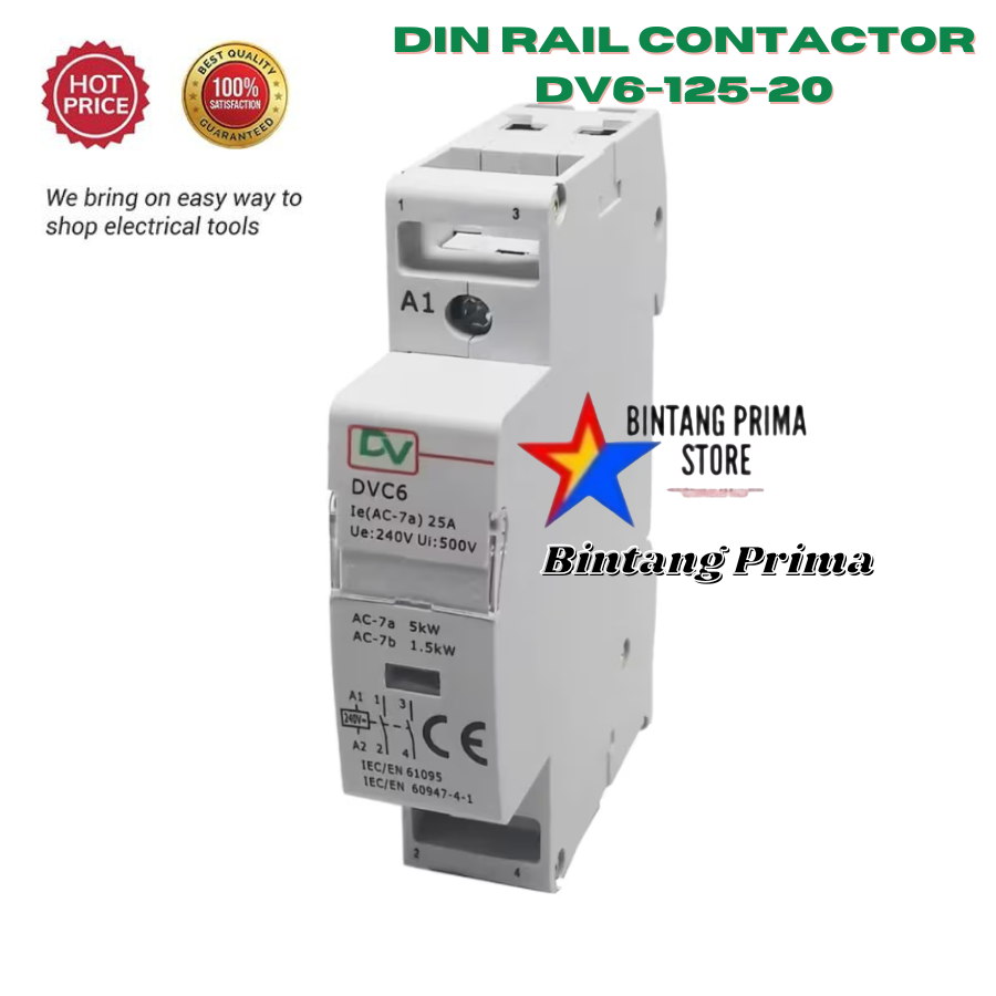 DIN Rail Contactor Kontaktor / Mounting Din Rail 2NO DVC6-125-20 merk DV