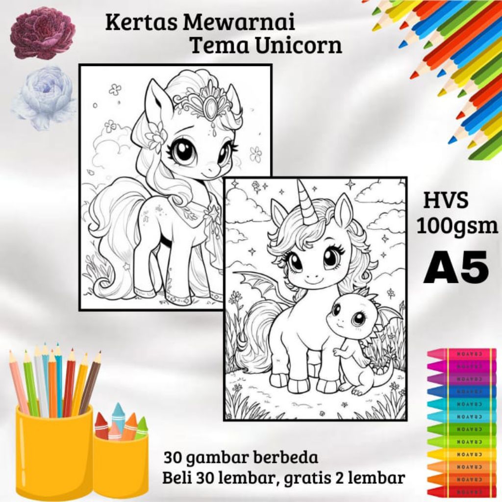 

30 LEMBAR KERTAS GAMBAR MEWARNAI TEMA UNICORN (READY LANGSUNG KIRIM)