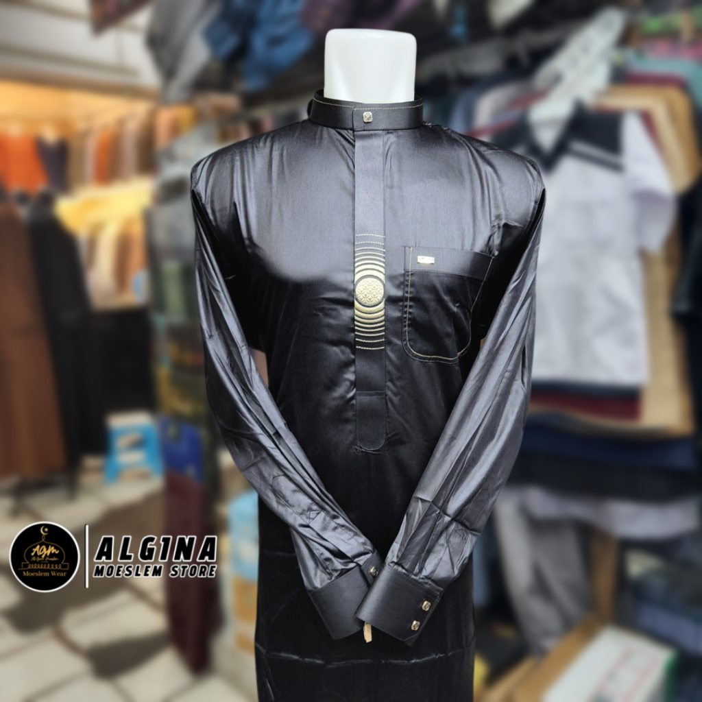 Gamis Al Wafa Hitam Lengan Panjang Manset Bahan Satin Korea Bordir Resleting | Jubah Muslim Lengan P