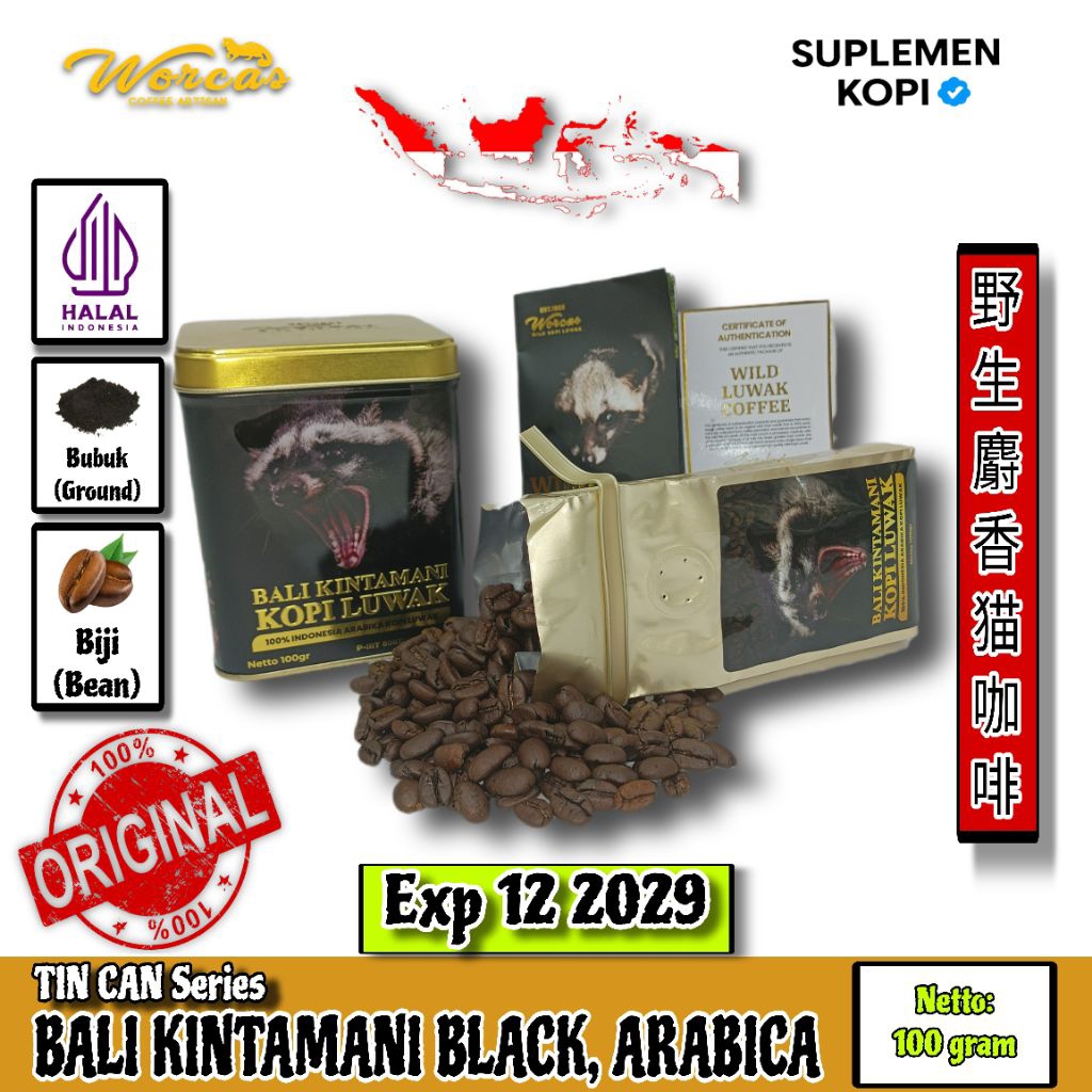 

Worcas Black Bali Kintamani | Worcas Wild Kopi Luwak | Tin Can 100 Gram | Arabika Kopi | Bubuk dan Biji