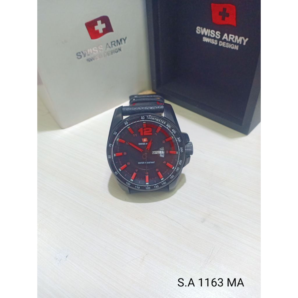 JAM TANGAN PRIA SWIS ARMY S.A 1163 M TGL HARI AKTIF ORIGINAL KULIT WATER RESISTANT 3 ATM