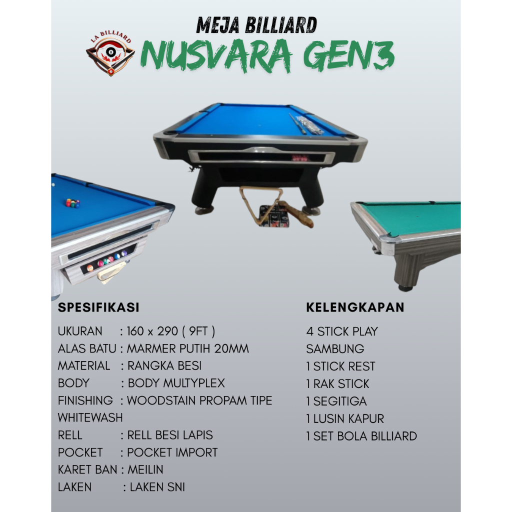 Meja Billiard 9FT NUSVARA Gen 3 | Full Set Stik Bola Segitiga Brush Meja Billiard NUSVARA GEN 3 Ukur