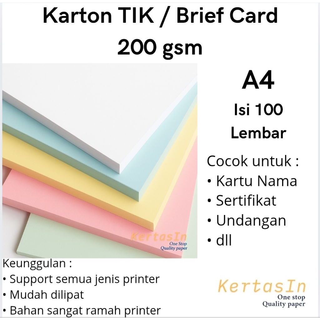 

Karton TIK / Brief Card 200 gsm A4 Isi 100 Lembar Warna Pastel – Karton Manila / Brief Card Tebal - Cocok Untuk Cover, Undangan, Sertifikat dan Kartu Nama.