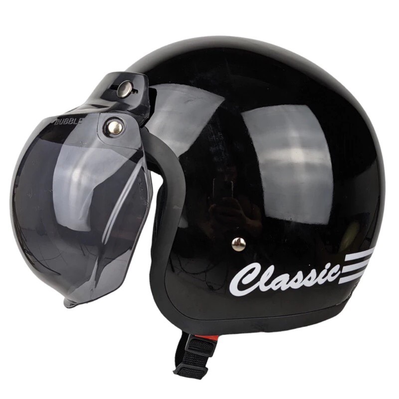Helm CLASSIC Bogo Retro Solid Kekinian Pria Wanita SNI / Hitam Glossy