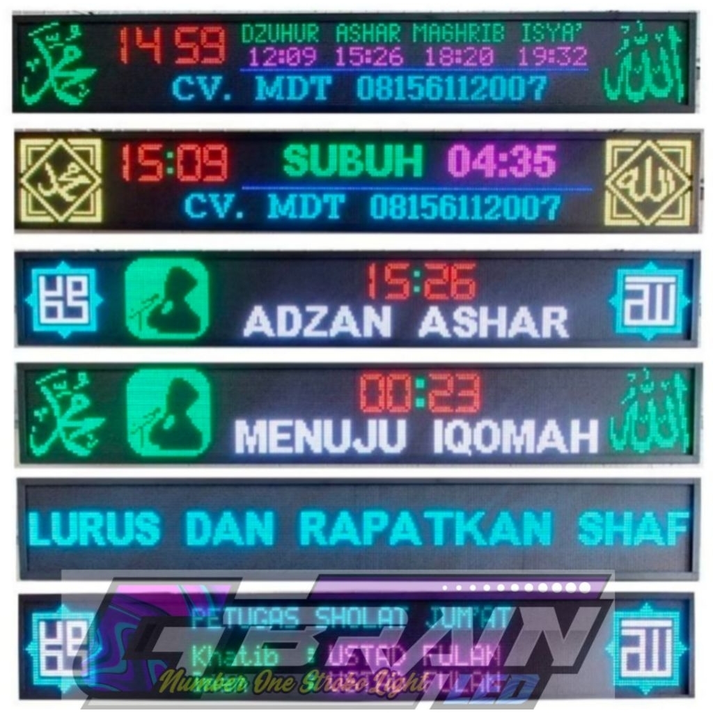 JAM MASJID JADWAL SHOLAT JWS  RUNNING TEKS P5 RGB INDOOR FULL COLOUR FRAME SPON TEBEL 100CM