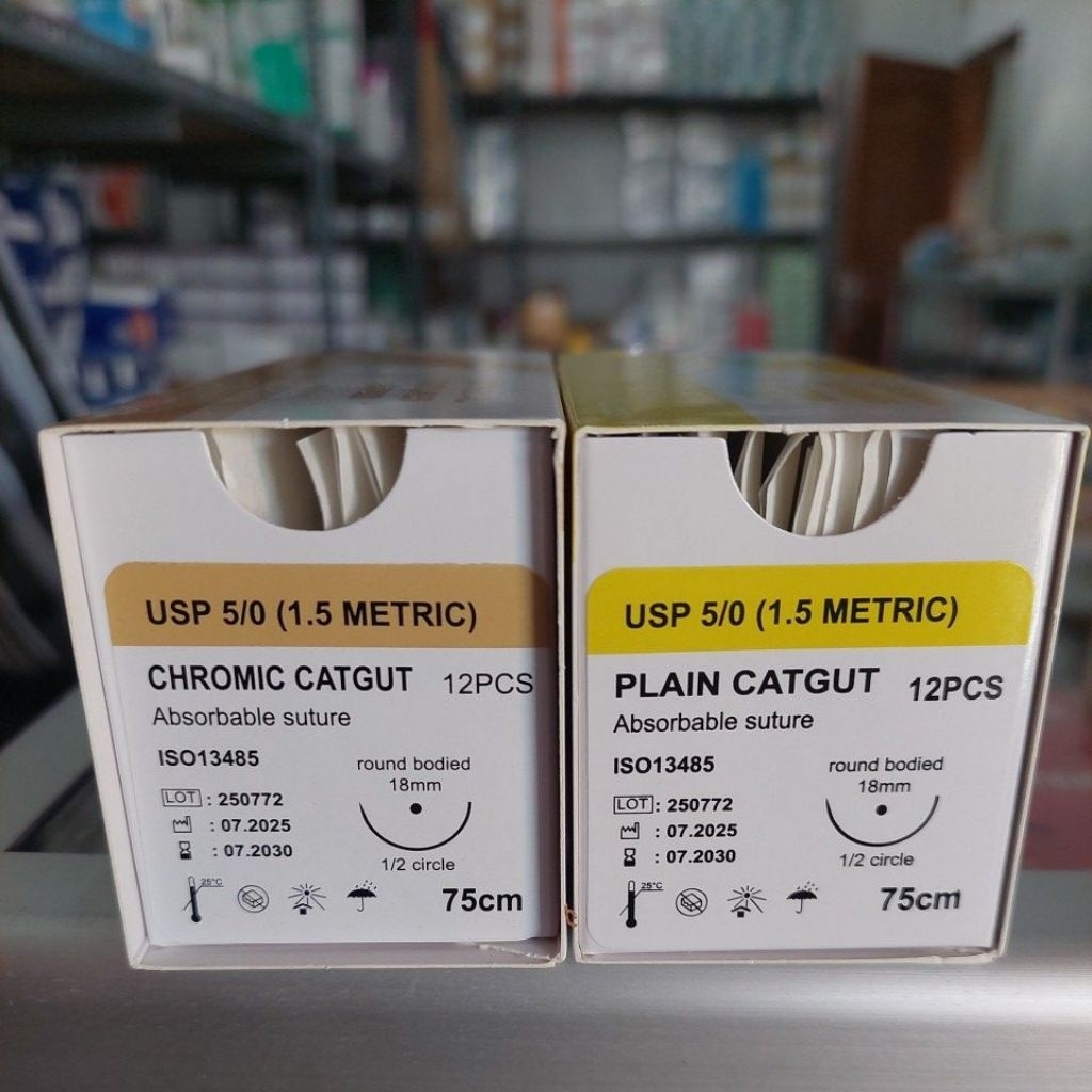 Catgut Plain dan Chromic 5/0 + jarum 1box isi 12pcs (Perbox)