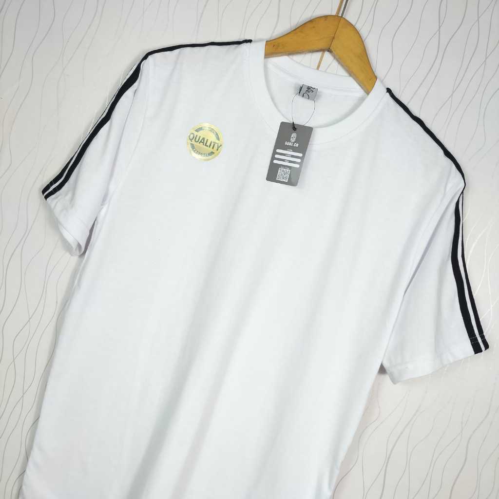 atasan kaos putih unisex pria wanita simple polos suke.co strip dua / baju kaos terbaru katun tebal