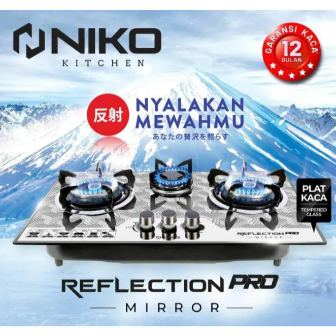 Kompor Gas Tanam Niko 3 tungku Reflection Pro Mirror kaca api tornado