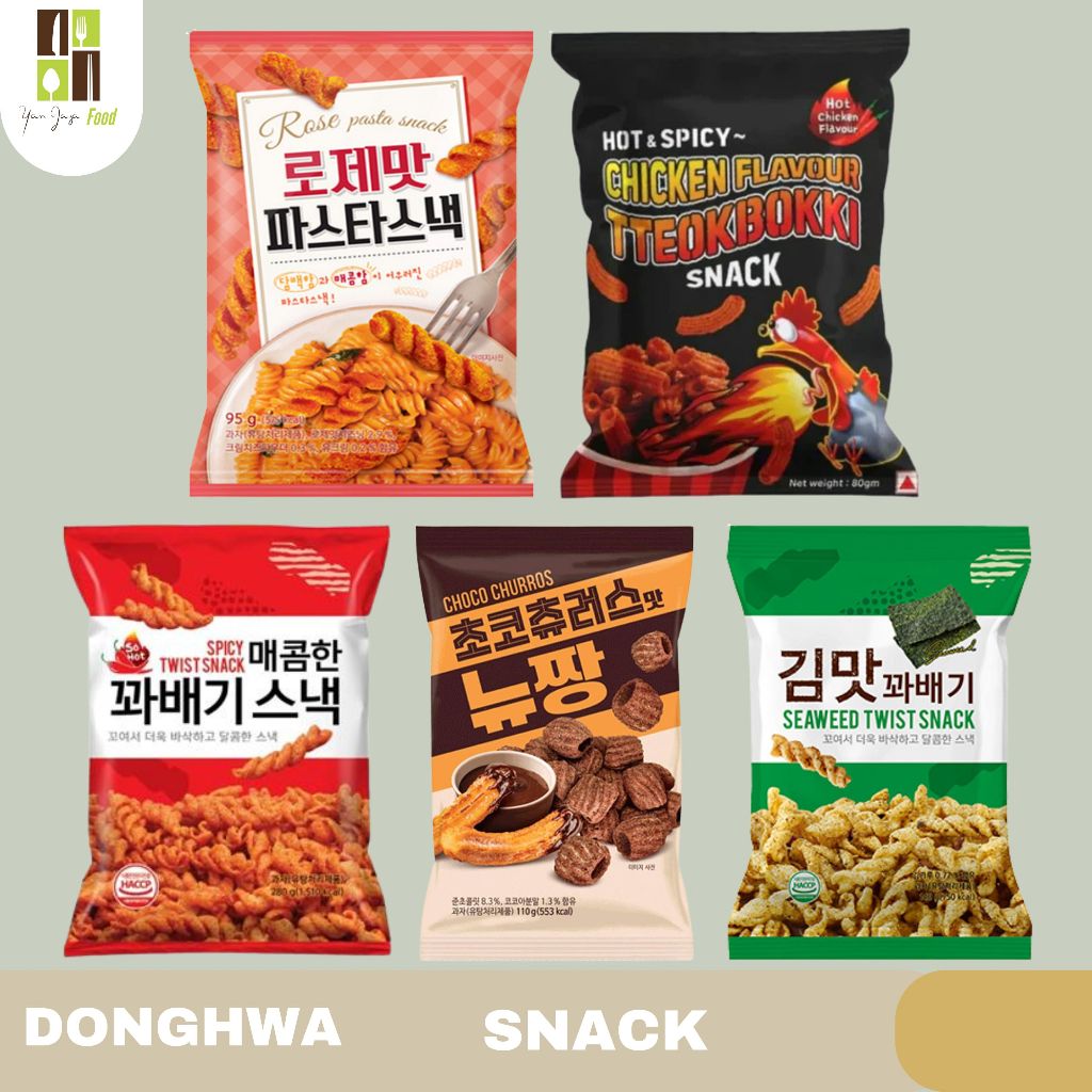 

Donghwa Snack Import Korea / Seaweed Twist Snack - 140g / Spicy Twist Snack - 140g / Choco Churos Snack - 110g / Rose Pasta Snack - 95g / Hot Spicy Chicken Flavour Tteobokki Snack - 80g