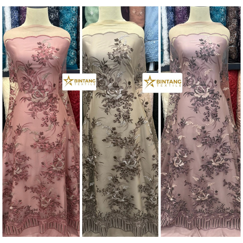 Kain tile brokat bordir two tone premium Bella / bahan gamis tunik kebaya atasan