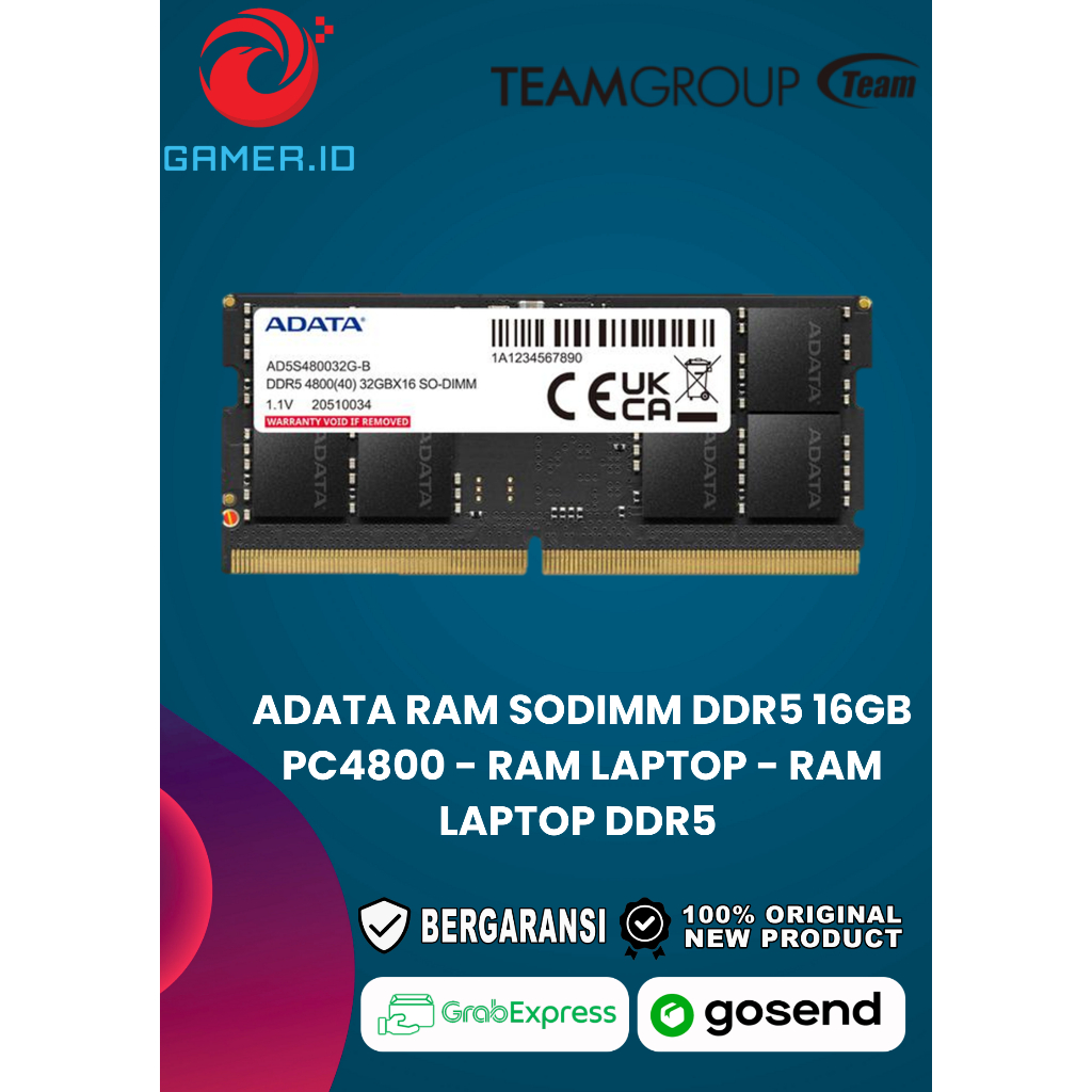 ADATA RAM SODIMM DDR5 16GB PC4800 - RAM LAPTOP - RAM LAPTOP DDR5 - RAM LAPTOP 16GB - RAM LAPTOP 4800