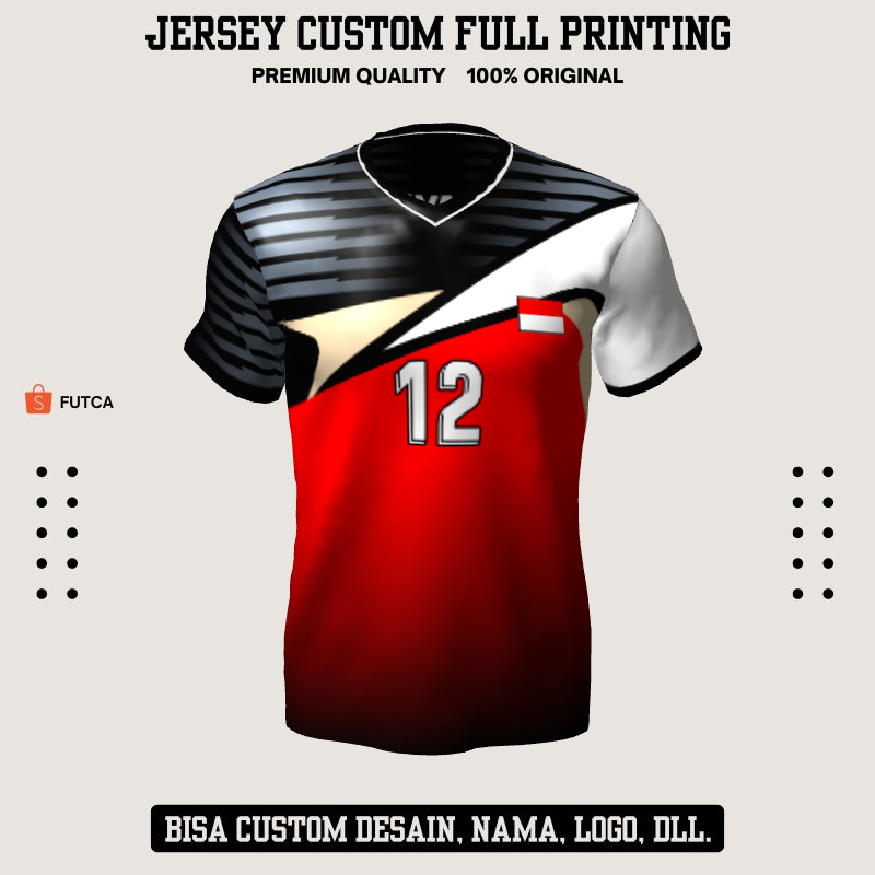 Kaos Jersey Futsal Hitam Merah Motif Abstrak Garis 75 - Jersey Baju Olahraga Full Printing