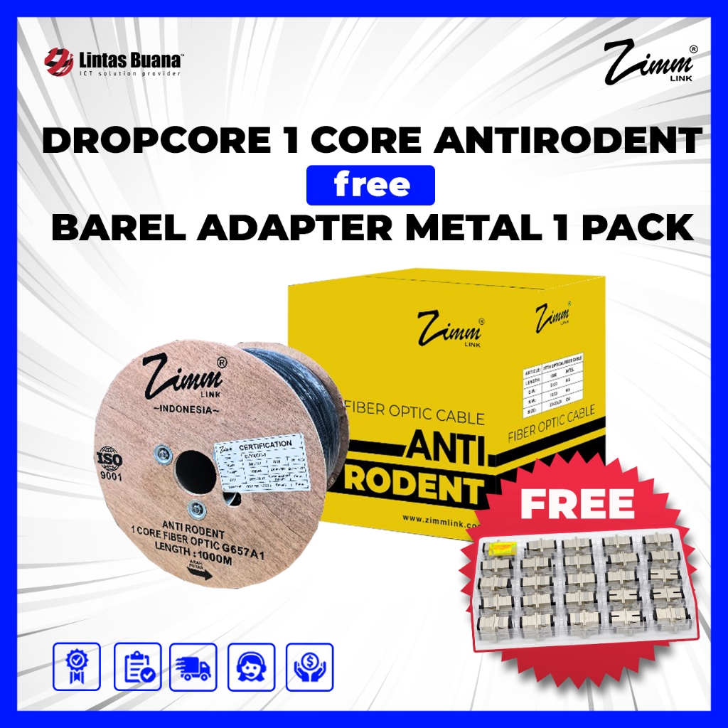 Kabel Dropcore 1 Core 1000 Meter ANTI RODENT Kabel Fiber Optik 1000m FTTH Zimmlink ANTIRODENT steel 