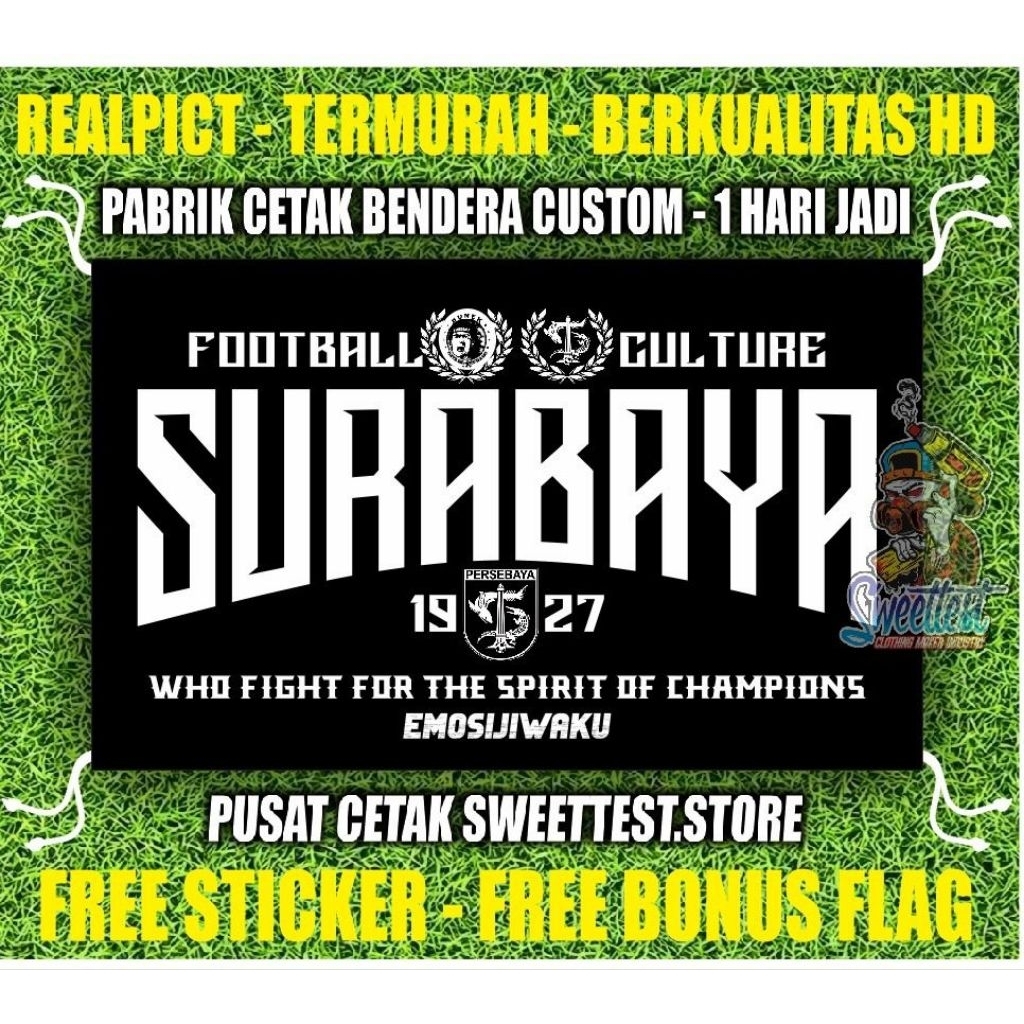 READY STOK + FREE STICKER BENDERA PERSEBAYA SURABAYA, MINIFLAG PERSEBAYA, GIANTFLAG PERSEBAYA, LOGO 