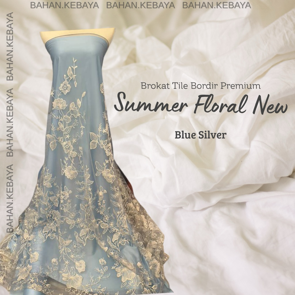Bahan Kebaya Brukat Brokat Tile Bordir Premium Summer Floral New Warna Blue Silver