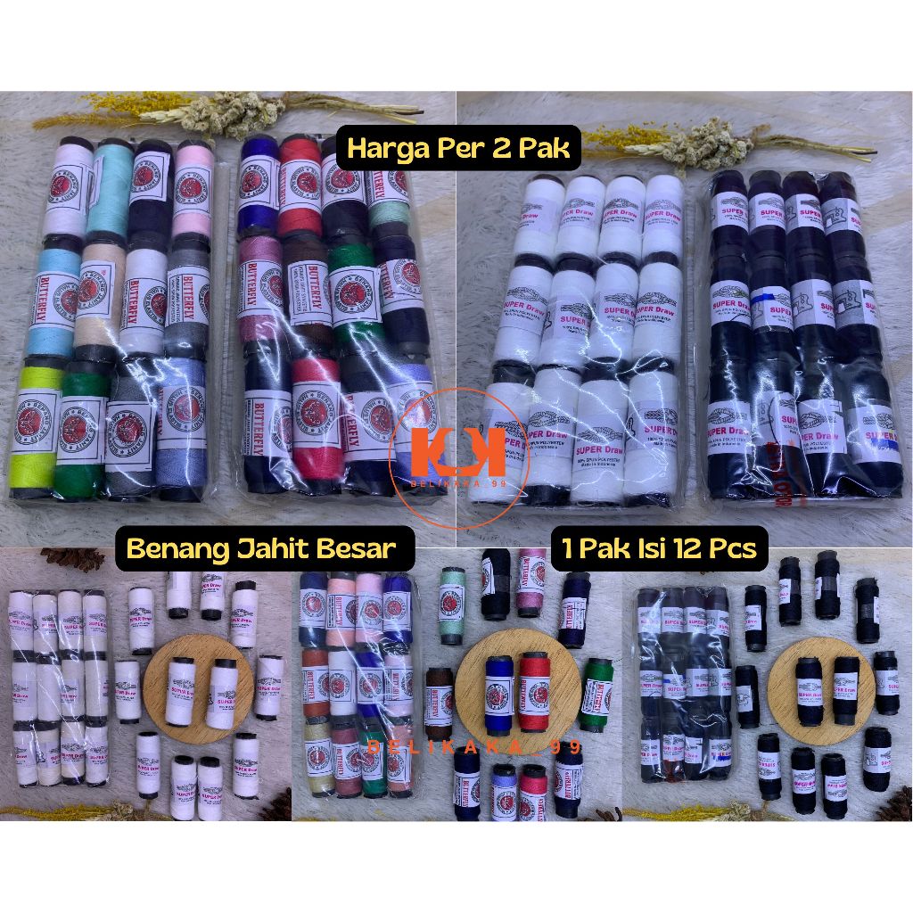 (24 PCS) BENANG JAHIT BESAR PAK ISI 12 PCS WARNA PUTIH HITAM CAMPUR WARNA / BENANG BESAR