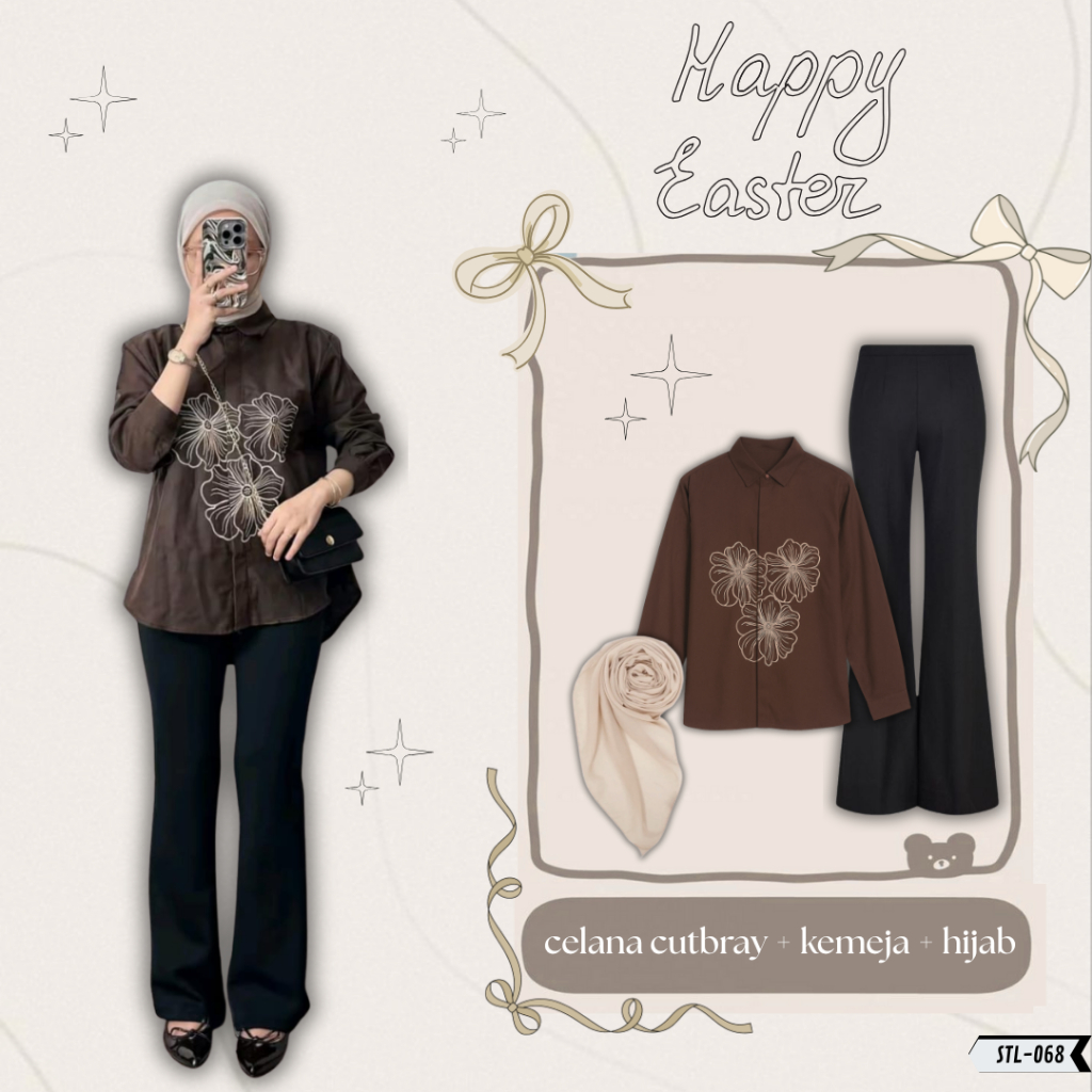 Oneset OOTD Mahogany  [Celana cutbray +Kemeja bordir +Hijab bellas quare] Outfit Setelan Wanita Hang