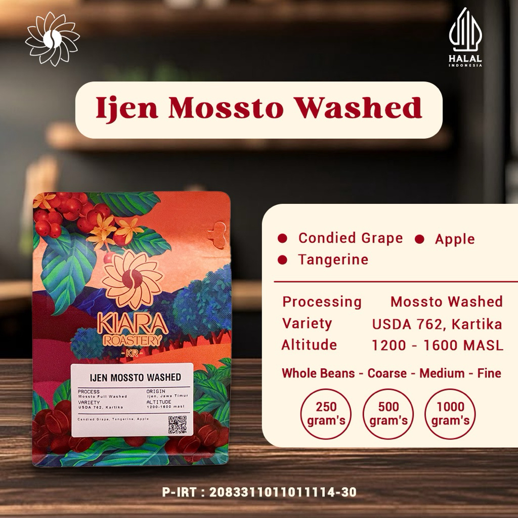 

Ijen Mossto Washed Pouch | Kopi 100% Full Arabica | Specialty Grade Coffee | Biji dan Bubuk Kopi | Kiara Roastery