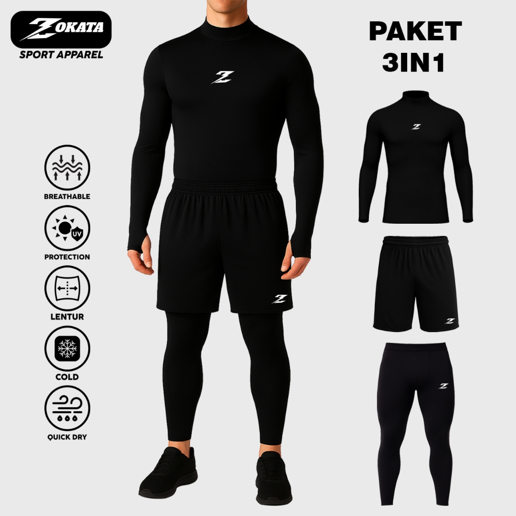 Set 3 2IN1 Setelan Manset Pria Baselayer Olahraga Thumbhole Legging Celana Pendek ZOKATA