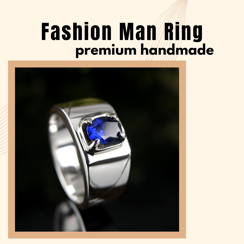 [ EB14 ] Cincin Pria King Sapphire Perak 950/925 – Custom Size Ikat Batu Mulia Akik Permata | San950