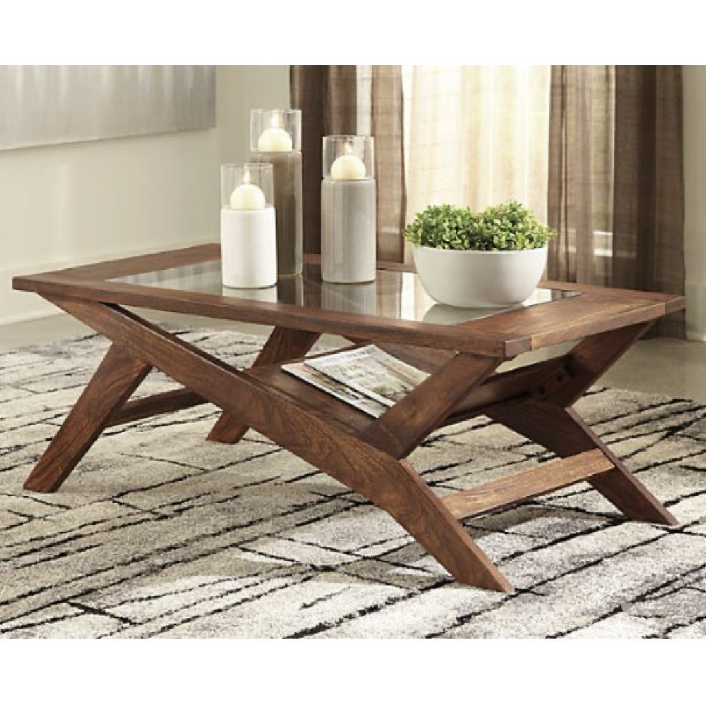 Meja Ruang Tamu | Meja Ruang TV Estetik Kayu Jati Daun Kaca