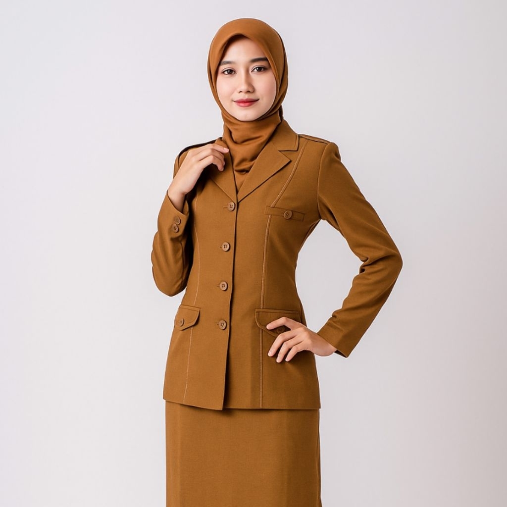 Stelan Seragam PNS Wanita Pemda Kantong Bawah Kerah Jas Baju Dinas ASN Pemkab Pemprov Pemkot Ukuran 