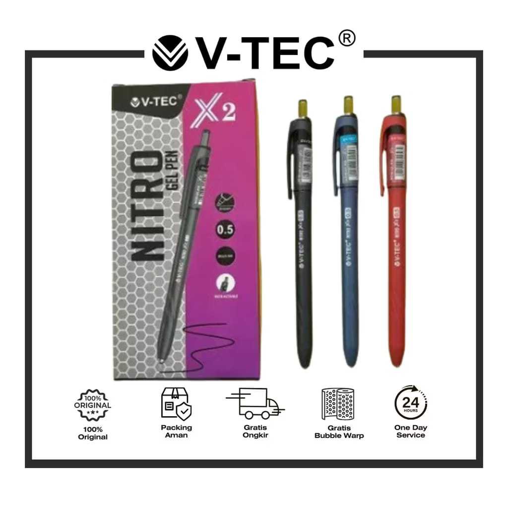 

(1 PACK) VTEC Intro Gel Pen X2 0.5mm | Pulpen Gel Halus Tinta Hitam Merah Biru
