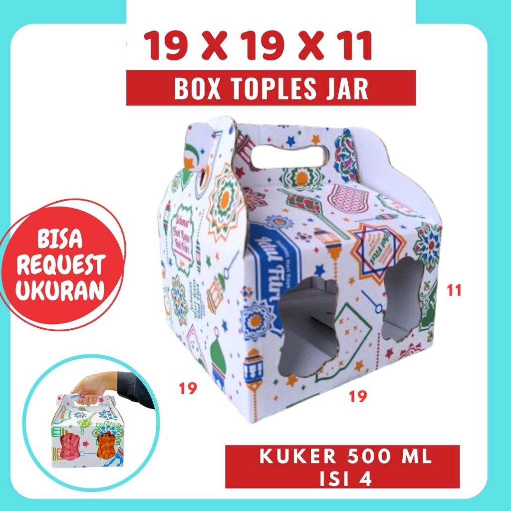 

Box Kue Kering 19x19x11 Jinjing (KUKER TOPLES JAR 500ml ISI 4) Kardus Lebaran Idul Fitri Hampers