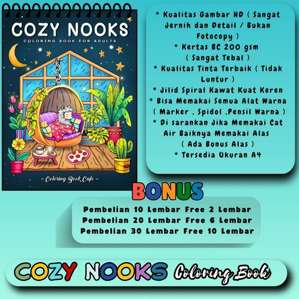 

COZY NOOKS Coloring Book For Adult Buku Mewarnai Sketsa Mewarnai Gambar Bagus Jelas Jernih Sudah HD Kertas 200 gsm Tebal Murah