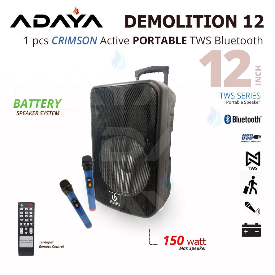 Speaker Aktif Portable Bluetooth TWS 12 inch Crimson Demolition 12 150W 2 Mic Wireless