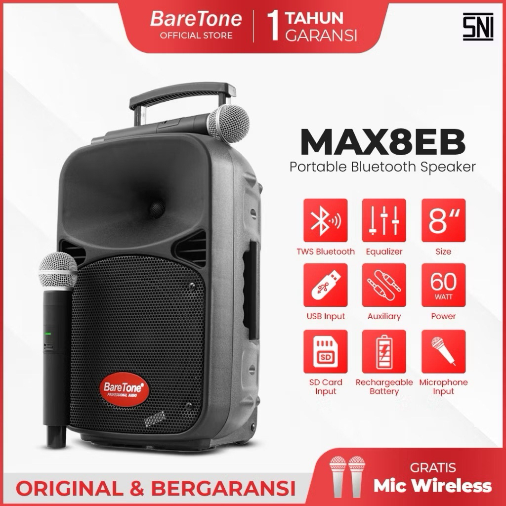BARETONE MAX8EB Portable Wireless Speaker 8inch