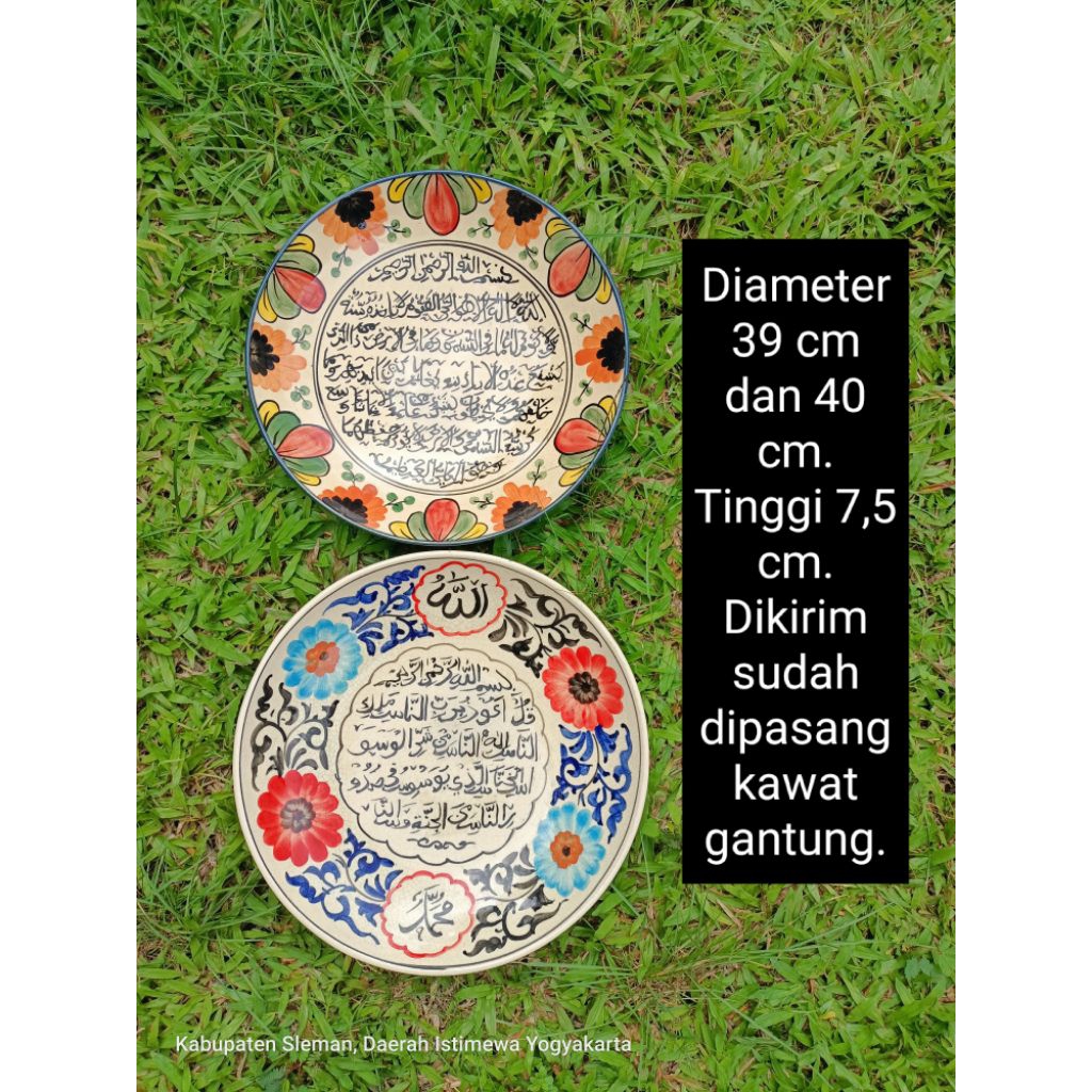 2 buah Piring keramik lukis motif kaligrafi untuk dekorasi hiasan dinding