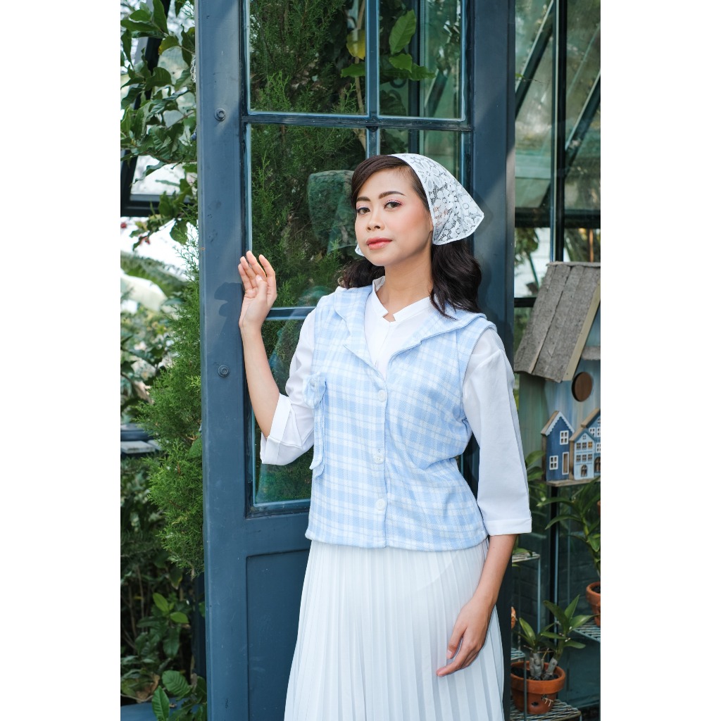 Makaffah Daily | Nazma Vest Outer Biru Gingham Knit | Outer Vest Korean Wanita Kotak Kotak Pita Wani