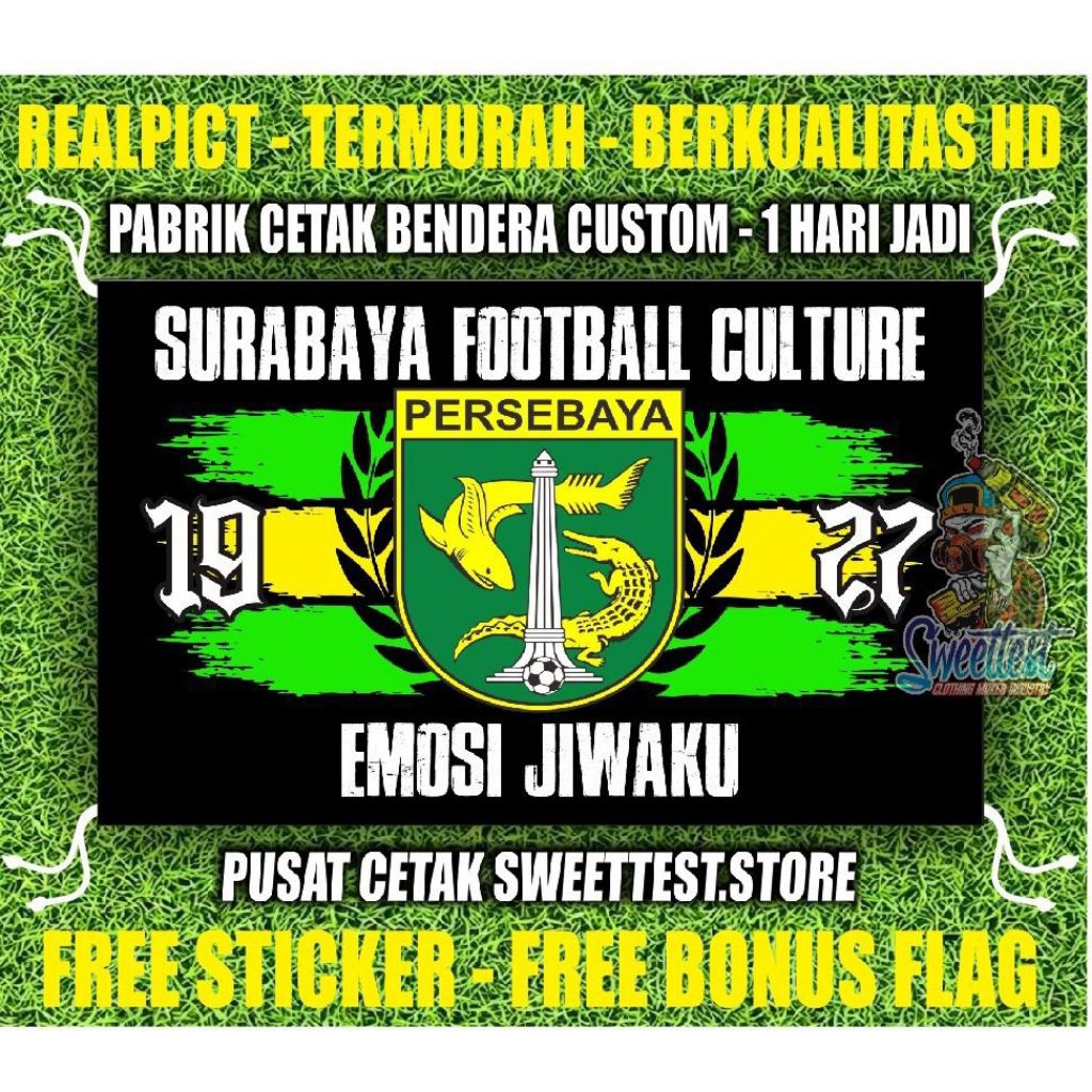 READY STOK + FREE STICKER BENDERA PERSEBAYA SURABAYA, MINIFLAG PERSEBAYA, GIANTFLAG PERSEBAYA, LOGO 