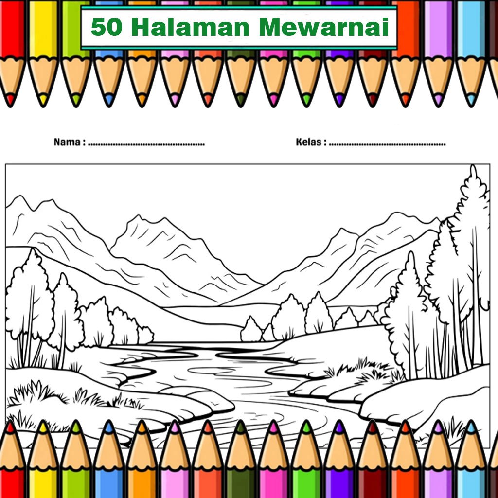 

50 Kertas mewarnai Pemandangan Lingkungan sekitar dll ukuran A5 Anak TK / PAUD / SD Lembar mewarnai