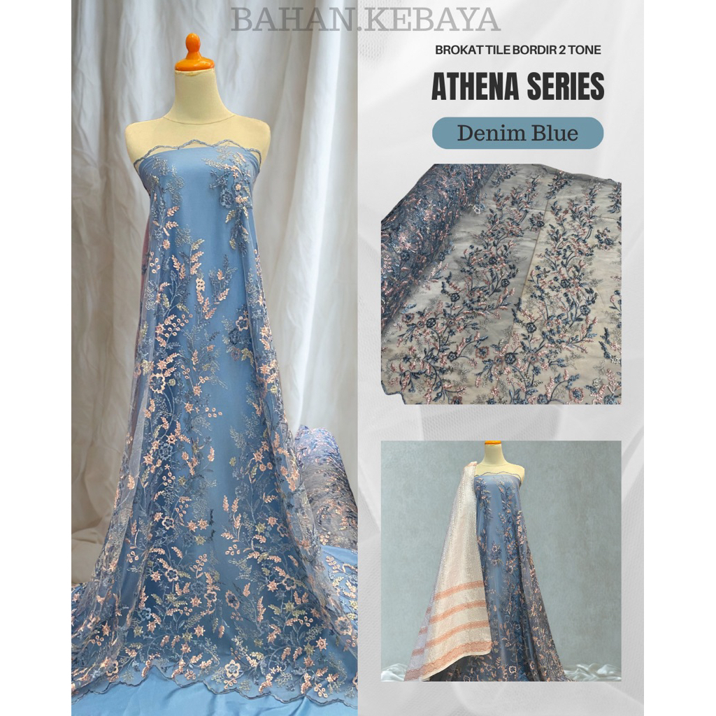 Bahan Kebaya Brokat Tile Tulle Embroidery Bordir ATHENA Two Tone 2 Warna Biru Denim Blue